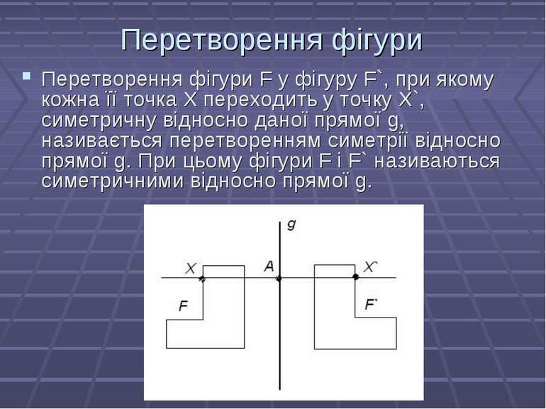 Перетворення фігури Перетворення фігури F у фігуру F`, при якому кожна її точ...
