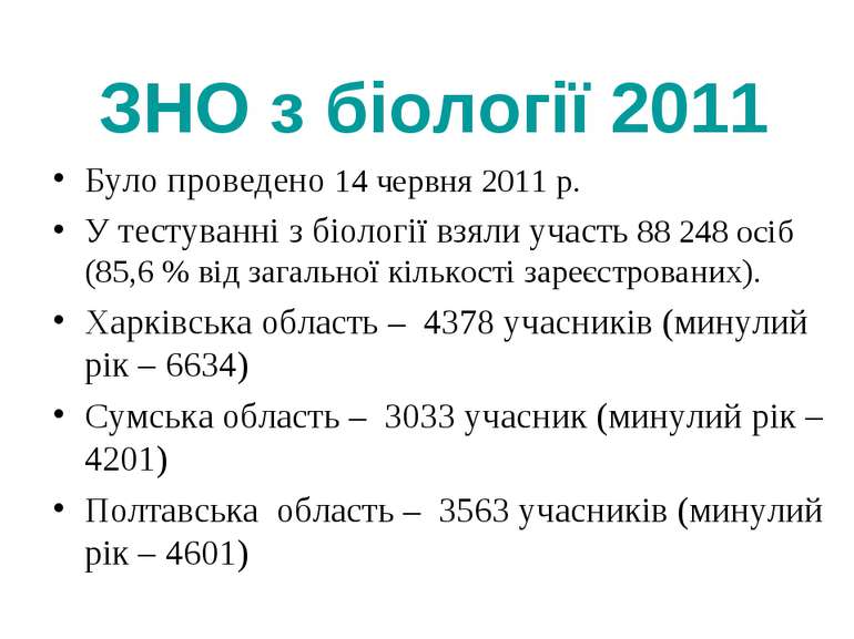 ЗНО з біології 2011 Було проведено 14 червня 2011 р. У тестуванні з біології ...