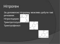 Нітроген За допомогою Нітрогену можливо добути такі речовини: Нітрогліцерин Т...