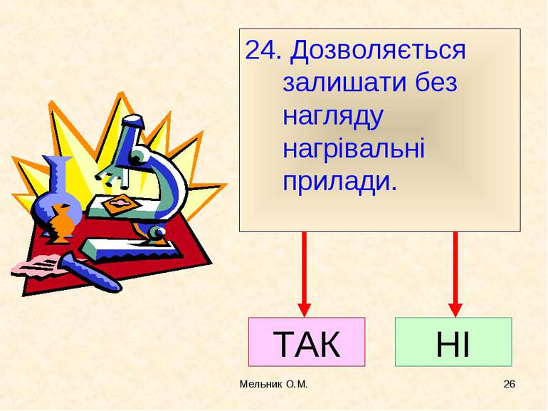 Мельник О.М. * 24. Дозволяється залишати без нагляду нагрівальні прилади. ТАК...