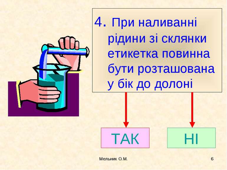 Мельник О.М. * 4. При наливанні рідини зі склянки етикетка повинна бути розта...