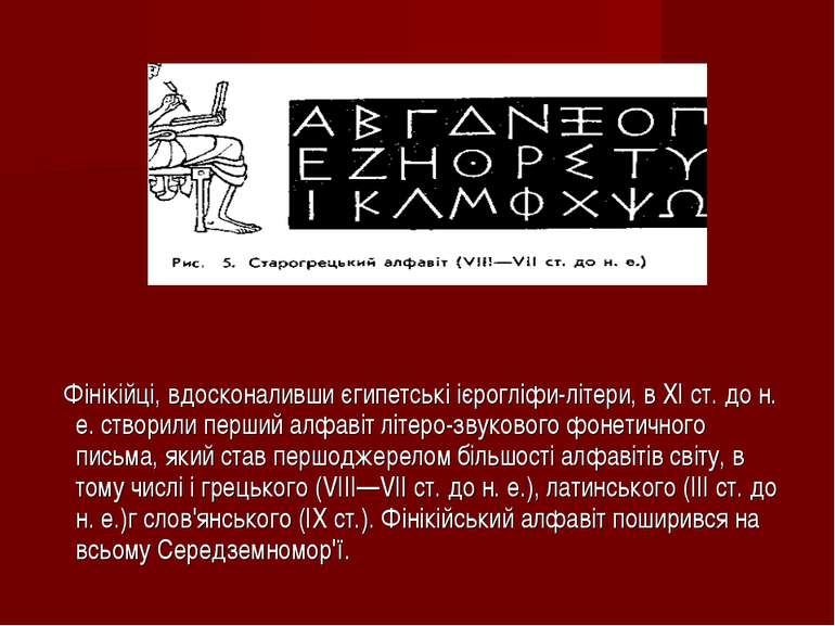Фінікійці, вдосконаливши єгипетські ієрогліфи-літери, в XI ст. до н. е. створ...