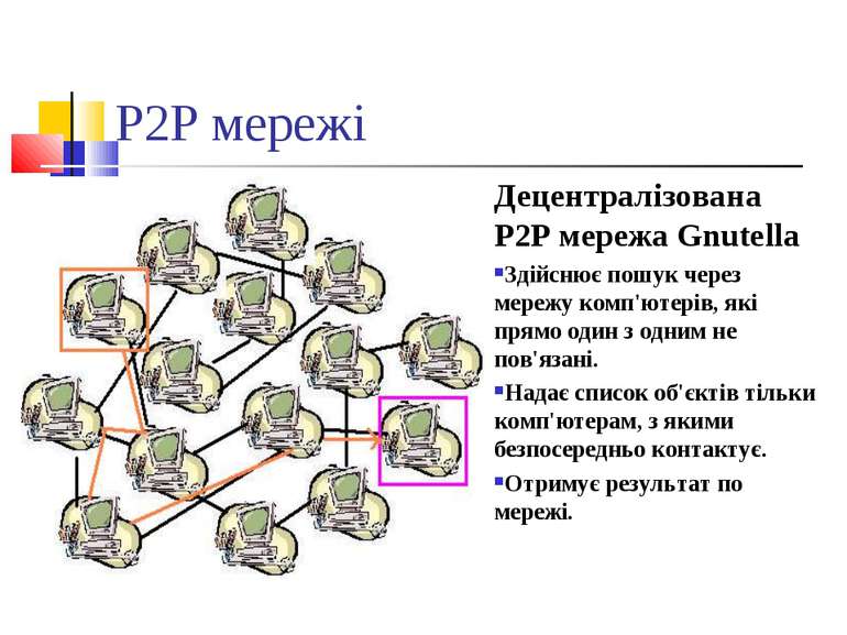 P2P мережі Децентралізована P2P мережа Gnutella Здійснює пошук через мережу к...