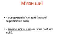 М’язи шиї - поверхневі м’язи шиї (musculi superficiales colli); - глибокі м’я...