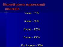 Віковий рівень наркотизації школярів: 5 клас – 7 % 6 клас – 9 % 8 клас – 12 %...