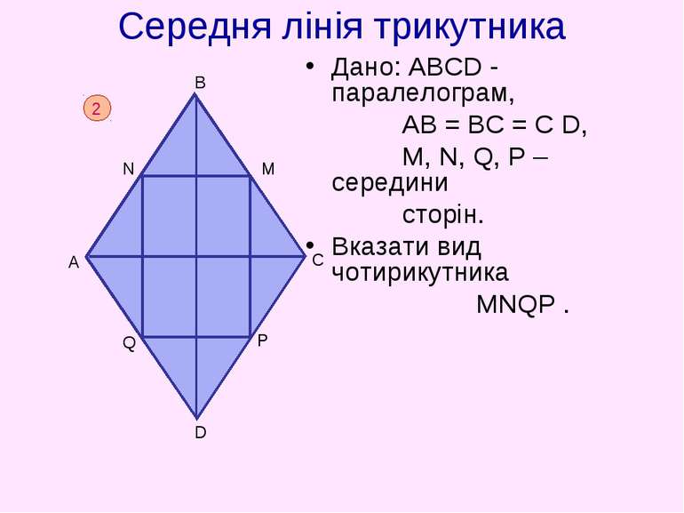Середня лінія трикутника Дано: АВСD - паралелограм, АВ = ВС = С D, M, N, Q, P...