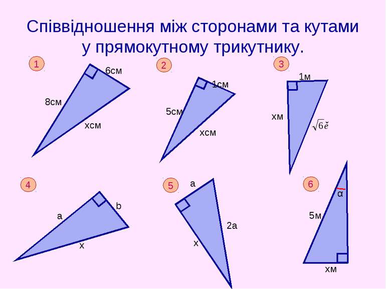 Співвідношення між сторонами та кутами у прямокутному трикутнику.