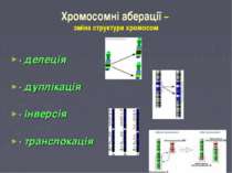 Хромосомні аберації – зміна структури хромосом · делеція · дуплікація · інвер...