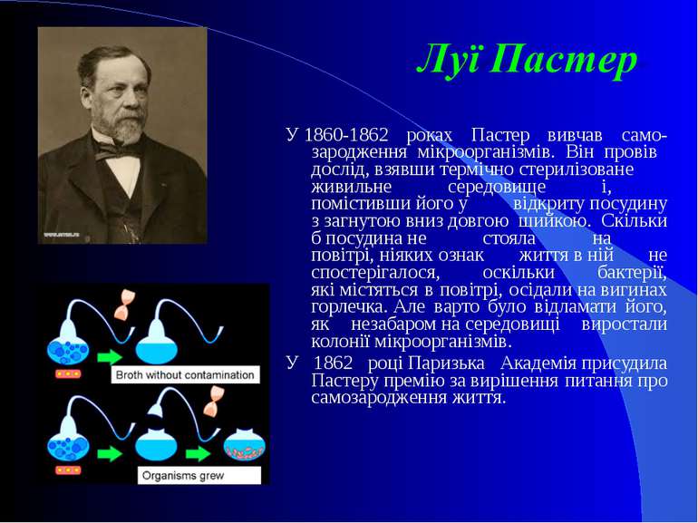 У 1860-1862 роках Пастер вивчав само- зародження мікроорганізмів. Він провів ...