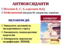 АНТИОКСИДАНТИ Вітаміни Е, С, А, каротини, КоQ Біофлавоноїди (вітамін Р): квер...