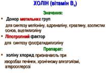 ХОЛІН (вітамін В4) Значення: Донор метильних груп для синтезу метіоніну, адре...