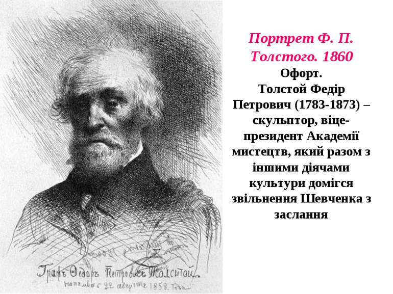 Портрет Ф. П. Толстого. 1860 Офорт. Толстой Федір Петрович (1783-1873) – скул...