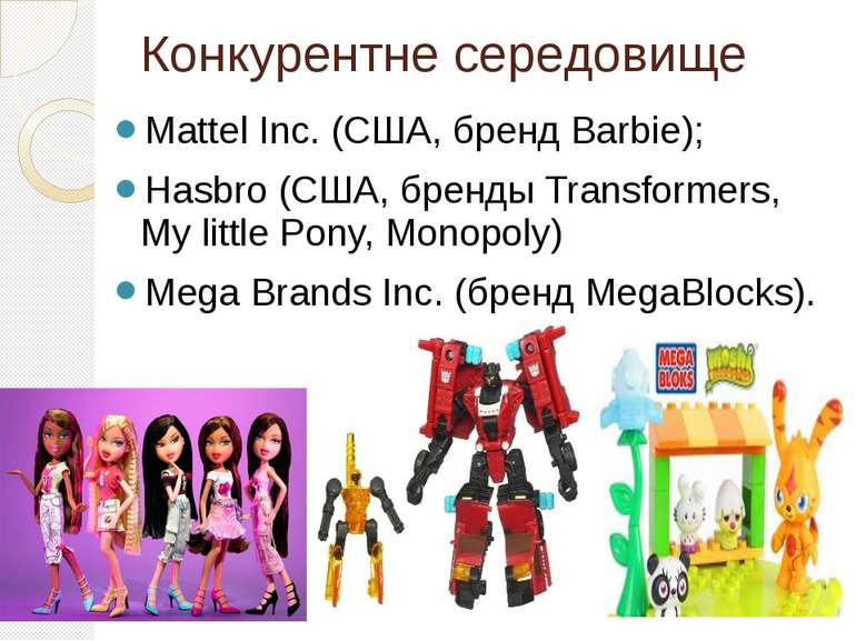 Конкурентне середовище Mattel Inc. (США, бренд Barbie); Hasbro (США, бренды T...