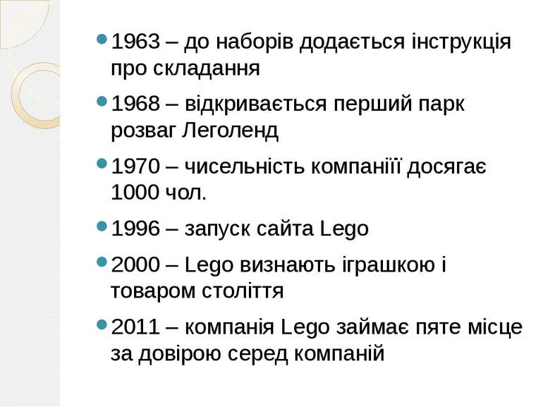 1963 – до наборів додається інструкція про складання 1968 – відкривається пер...