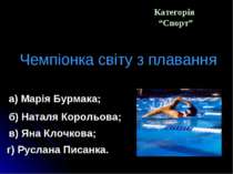 Категорія “Спорт” Чемпіонка світу з плавання а) Марія Бурмака; в) Яна Клочков...