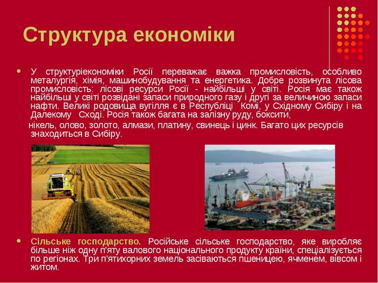 Структура економіки У структуріекономіки Росії переважає важка промисловість,...