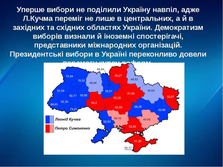 Уперше вибори не поділили Україну навпіл, адже Л.Кучма переміг не лише в цент...