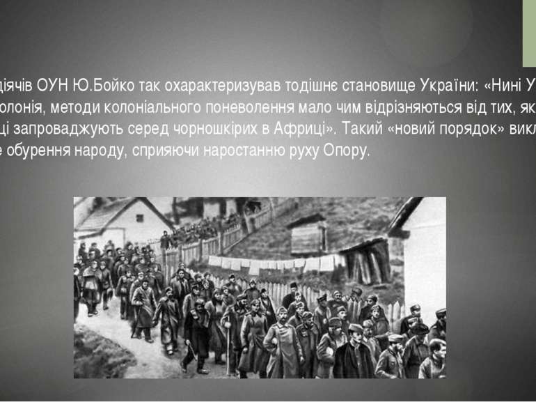 Один з діячів ОУН Ю.Бойко так охарактеризував тодішнє становище України: «Нин...