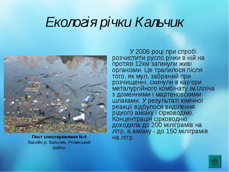 Екологія річки Кальчик У 2006 році при спробі розчистити русло річки в ній на...