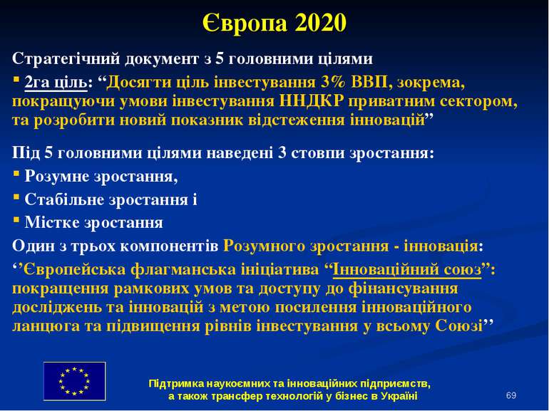 * Європа 2020 Стратегічний документ з 5 головними цілями 2га ціль: “Досягти ц...