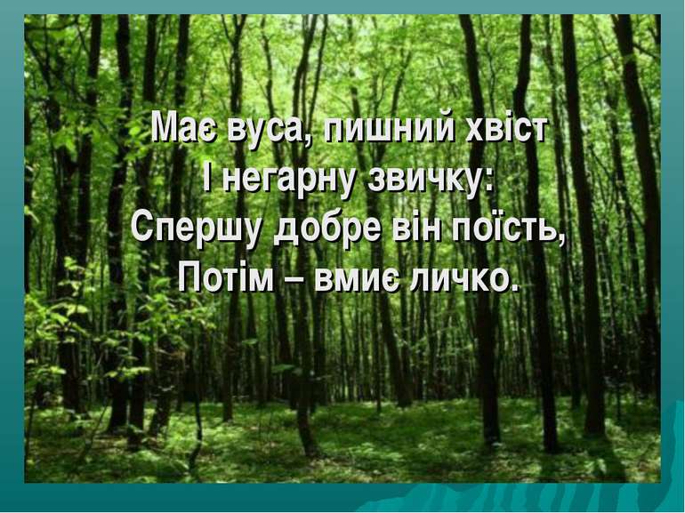 Має вуса, пишний хвіст І негарну звичку: Спершу добре він поїсть, Потім – вми...