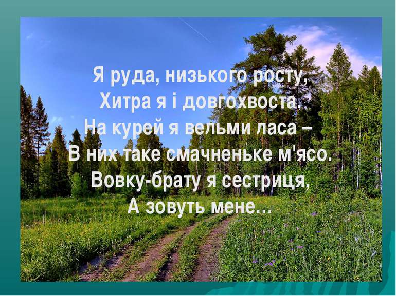 Я руда, низького росту, Хитра я і довгохвоста. На курей я вельми ласа – В них...