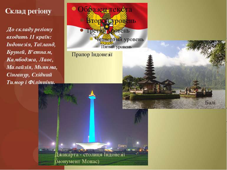 До складу регіону входить 11 країн: Індонезія, Таїланд, Бруней, В'єтнам, Камб...