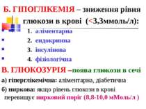 Б. ГІПОГЛІКЕМІЯ – зниження рівня глюкози в крові (