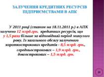У 2011 році (станом на 18.11.2011 р.) в АПК залучено 12 млрд.грн. кредитних р...
