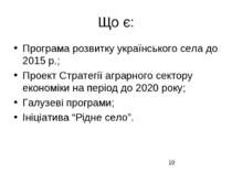 Що є: Програма розвитку українського села до 2015 р.; Проект Стратегії аграрн...