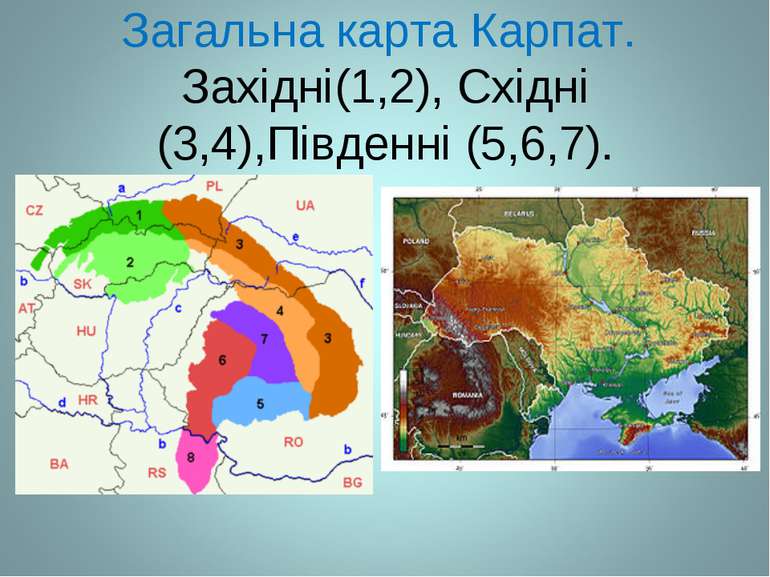 Загальна карта Карпат. Західні(1,2), Східні (3,4),Південні (5,6,7).