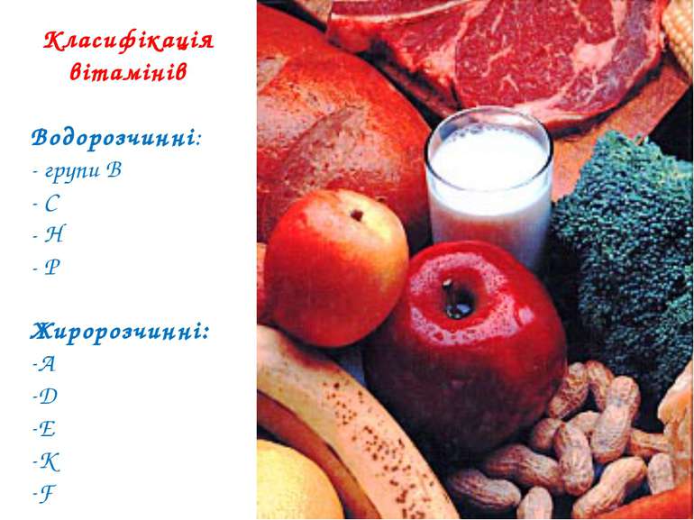 Класифікація вітамінів Водорозчинні: - групи В - С - Н - Р Жиророзчинні: А D ...