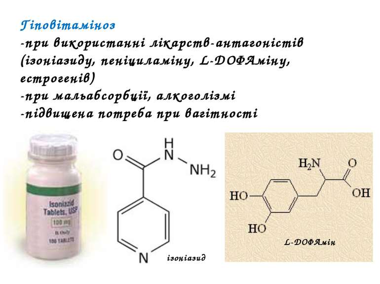 Гіповітаміноз -при використанні лікарств-антагоністів (ізоніазиду, пеніциламі...