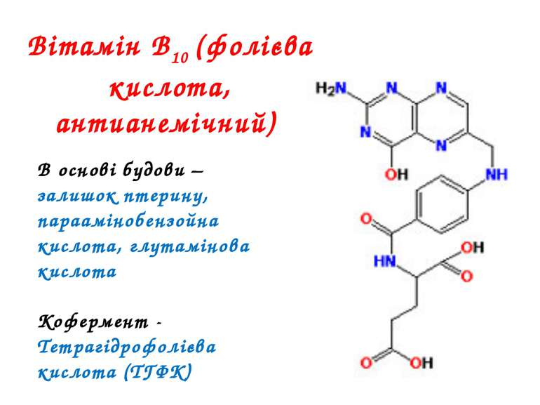 Вітамін В10 (фолієва кислота, антианемічний) В основі будови – залишок птерин...