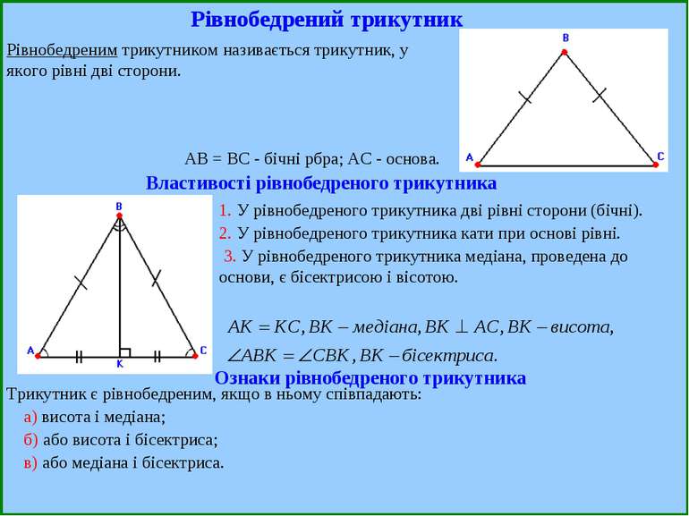 Рівнобедрений трикутник Рівнобедреним трикутником називається трикутник, у як...