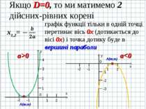 Якщо D=0, то ми матимемо 2 дійсних-рівних корені графік функції тільки в одні...