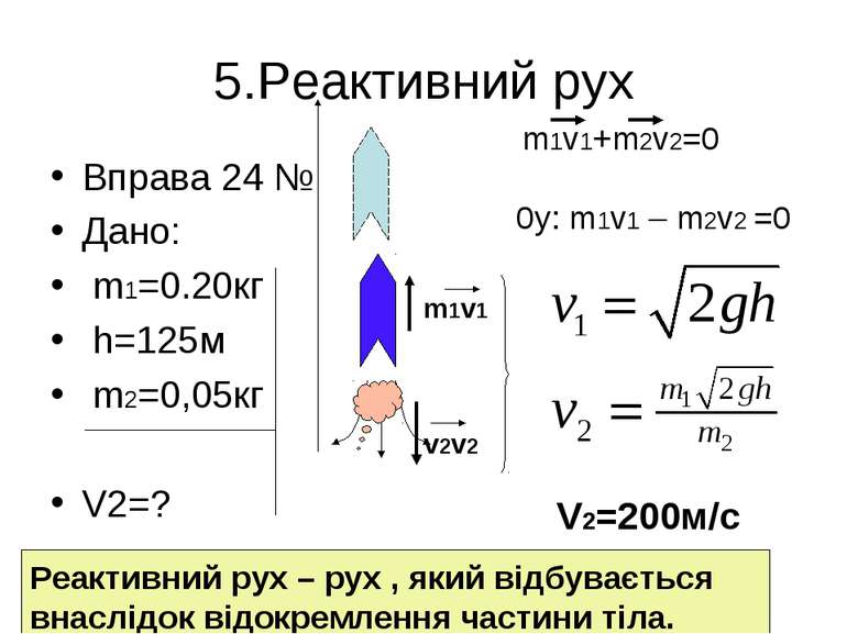 5.Реактивний рух Вправа 24 № Дано: m1=0.20кг h=125м m2=0,05кг V2=? m1v1 v2v2 ...