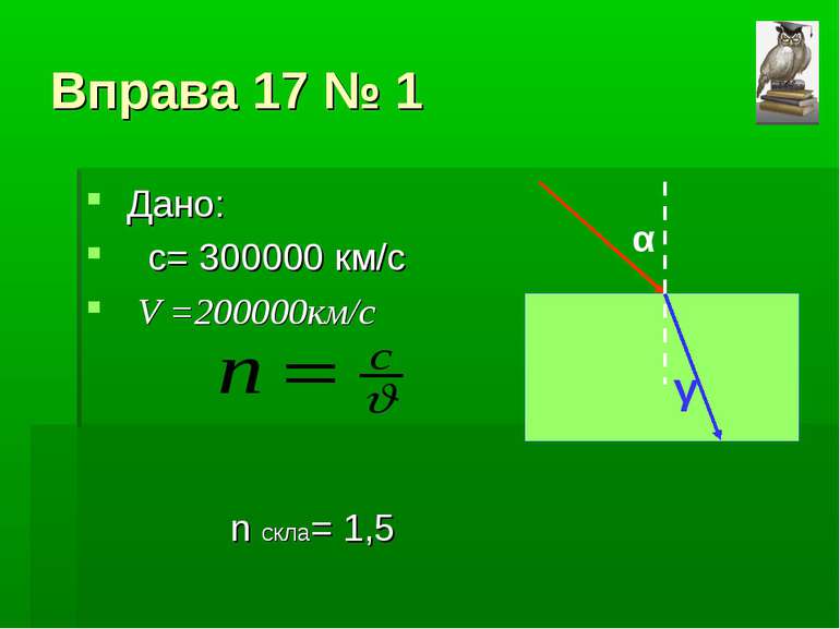 Вправа 17 № 1 Дано: с= 300000 км/с V =200000км/с n скла= 1,5 α γ