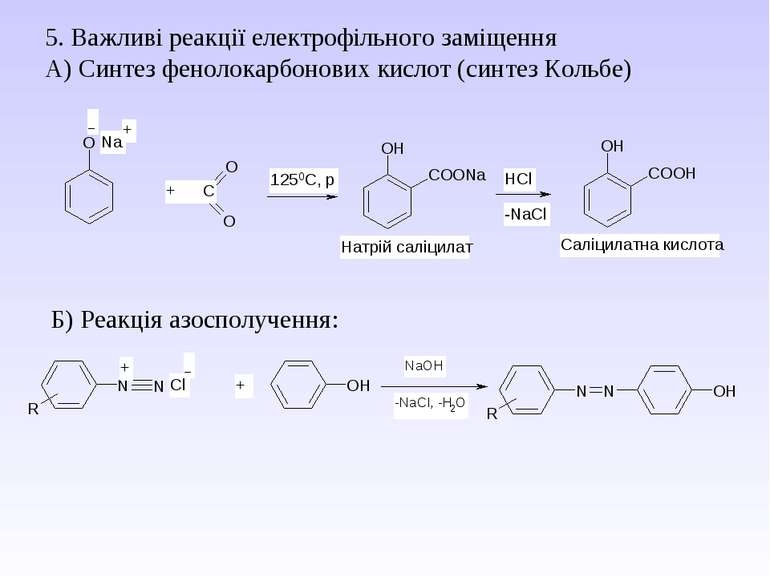 5. Важливі реакції електрофільного заміщення А) Синтез фенолокарбонових кисло...