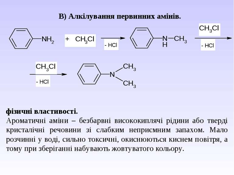  В) Алкілування первинних амінів. фізичні властивості. Ароматичні аміни – без...