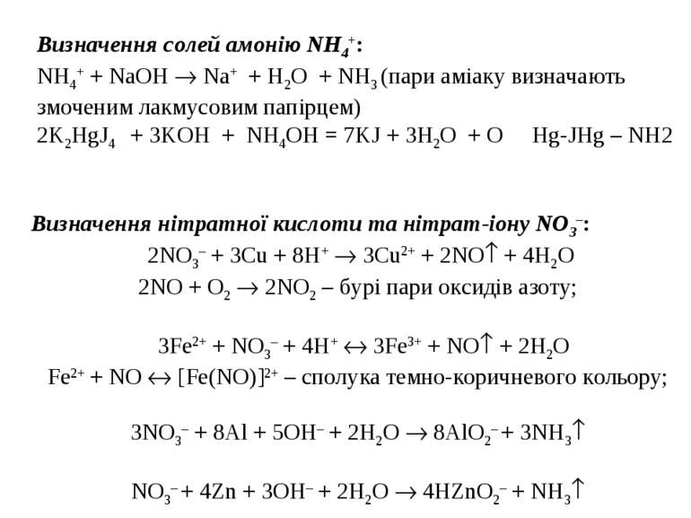 Визначення солей амонію NН4+: NH4+ + NаOH Nа+ + H2O + NH3 (пари аміаку визнач...