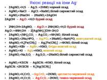 Якісні реакції на іони Ag+ 2AgNO3+H2S → Ag2S↓+2HNO3 чорний осад AgNO3+NaCl → ...