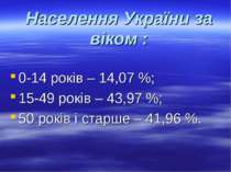 Населення України за віком : 0-14 років – 14,07 %; 15-49 років – 43,97 %; 50 ...