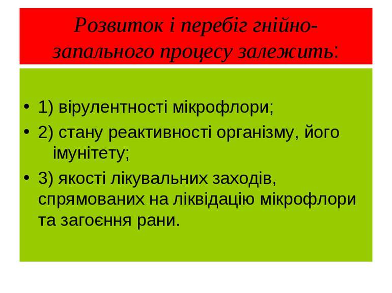 Розвиток і перебіг гнійно-запального процесу залежить: 1) вірулентності мікро...