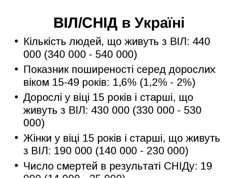 ВІЛ/СНІД в Україні Кількість людей, що живуть з ВІЛ: 440 000 (340 000 - 540 0...