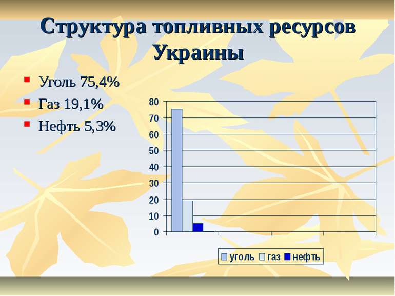 * * Структура топливных ресурсов Украины Уголь 75,4% Газ 19,1% Нефть 5,3%