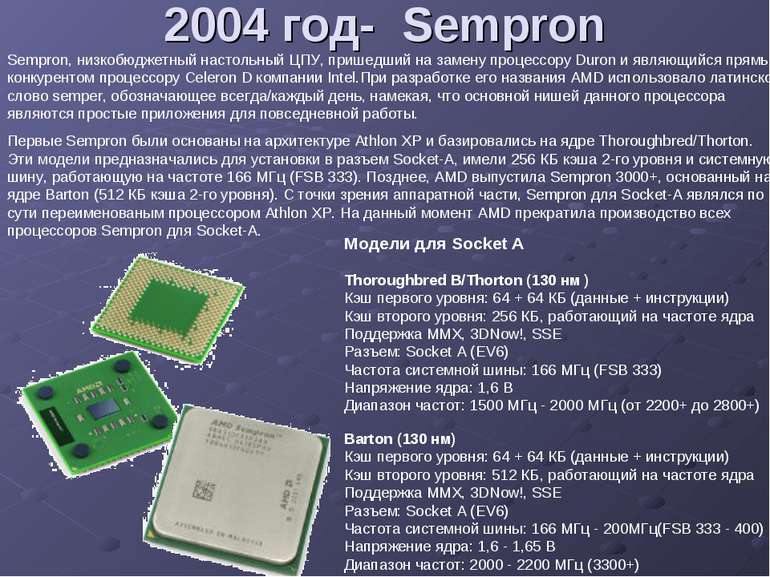 2004 год- Sempron Sempron, низкобюджетный настольный ЦПУ, пришедший на замену...