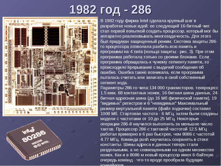 1982 год - 286 В 1982 году фирма Intel сделала крупный шаг в разработке новых...