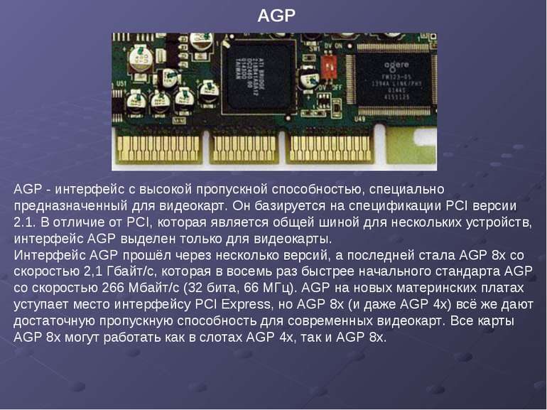 AGP - интерфейс с высокой пропускной способностью, специально предназначенный...