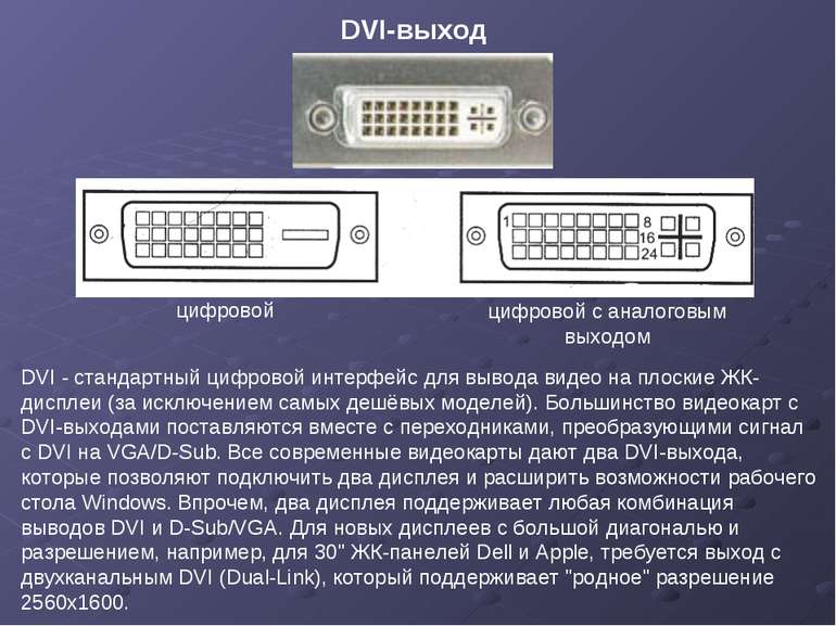 DVI - стандартный цифровой интерфейс для вывода видео на плоские ЖК-дисплеи (...